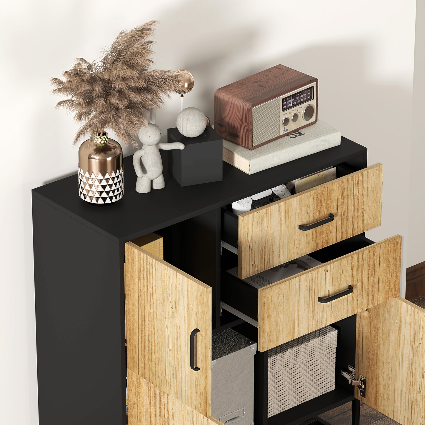 Modern Sideboard with 3 Cabinets and 2 Drawers, in Chipboard and Steel, 80x35x88 cm, Black and Wood Color