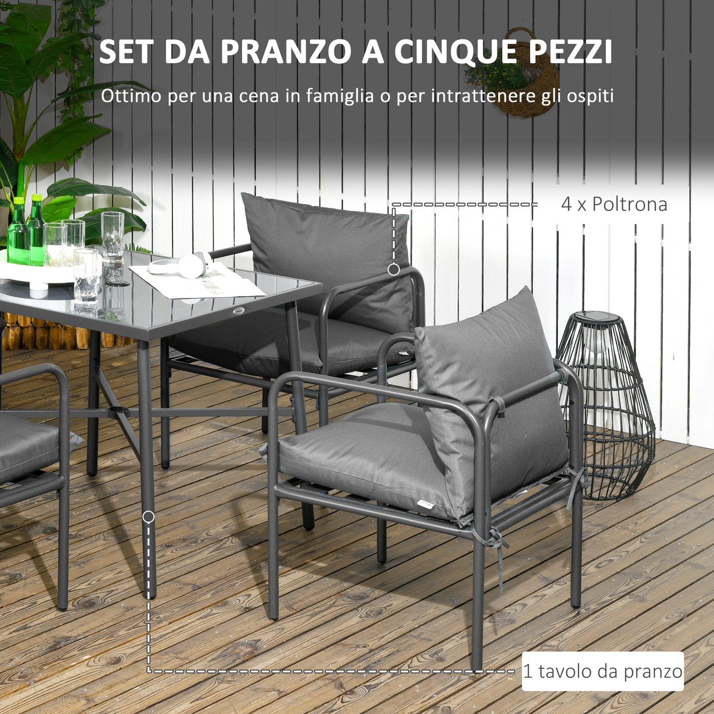 5 Piece Garden Set in Steel with 4 Chairs 58x58x66 cm and Table 80x80x71 cm with Central Hole, Gray - Borgè