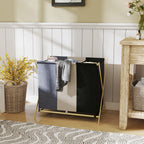 Foldable Laundry Hamper with 3 Compartments, Bamboo and Linen Effect Fabric, 75x48x67 cm, Multicolor
