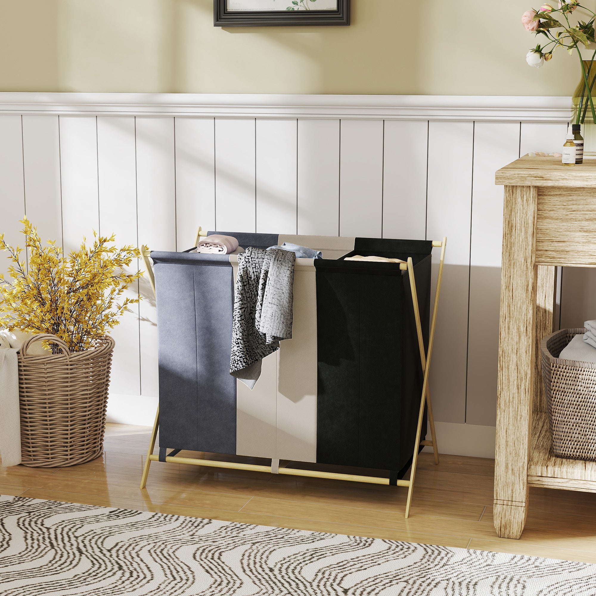 Foldable Laundry Hamper with 3 Compartments, Bamboo and Linen Effect Fabric, 75x48x67 cm, Multicolor