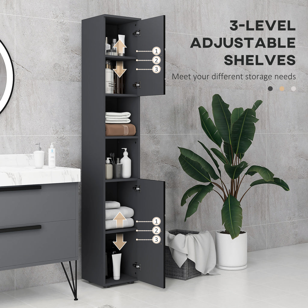 kleankin Bathroom Column in Chipboard with 2 Open Shelves and 2 2-Tier Cabinets, 30x30x183 cm, Black and Gray - Borgè
