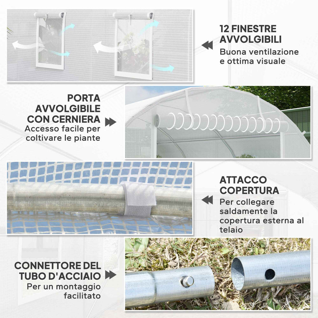 Outsunny 8x3x2 m Tunnel Greenhouse with Plastic Lining and Reinforced Steel, White