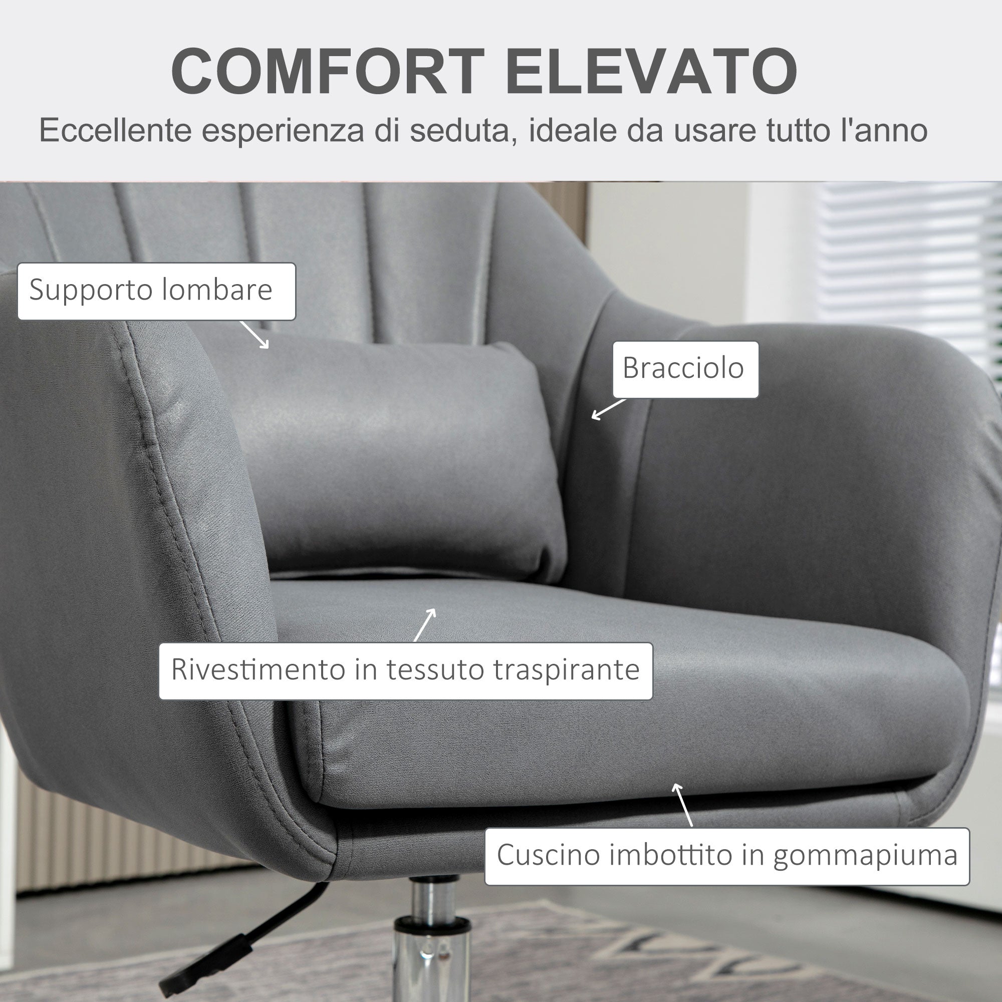 Swivel Desk Chair with Adjustable Height and Lumbar Cushion, Technical Fabric, Grey