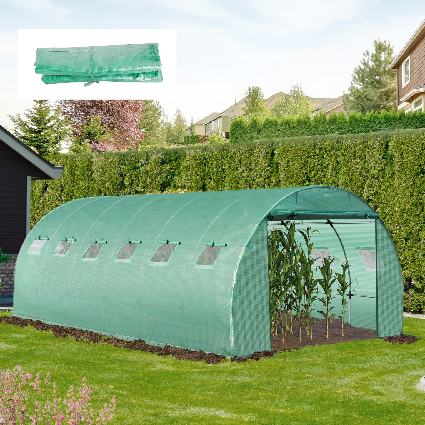 Outsunny PE Greenhouse Sheet with 12 Windows, Roller Door and Buried Edges, 6x3x2 m, Green - Borgè