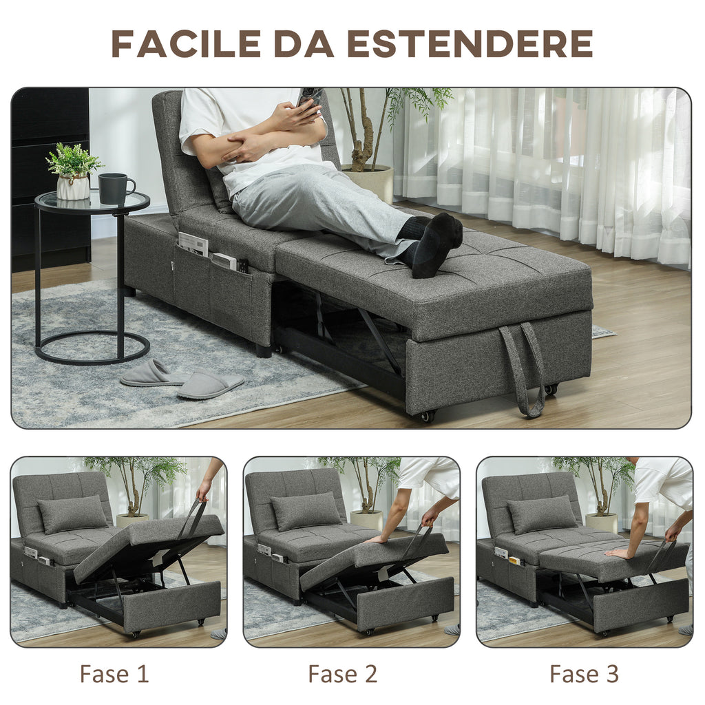4 in 1 Sofa Bed Convertible into Chaise Longue and Footstool with Click Clack System, Grey