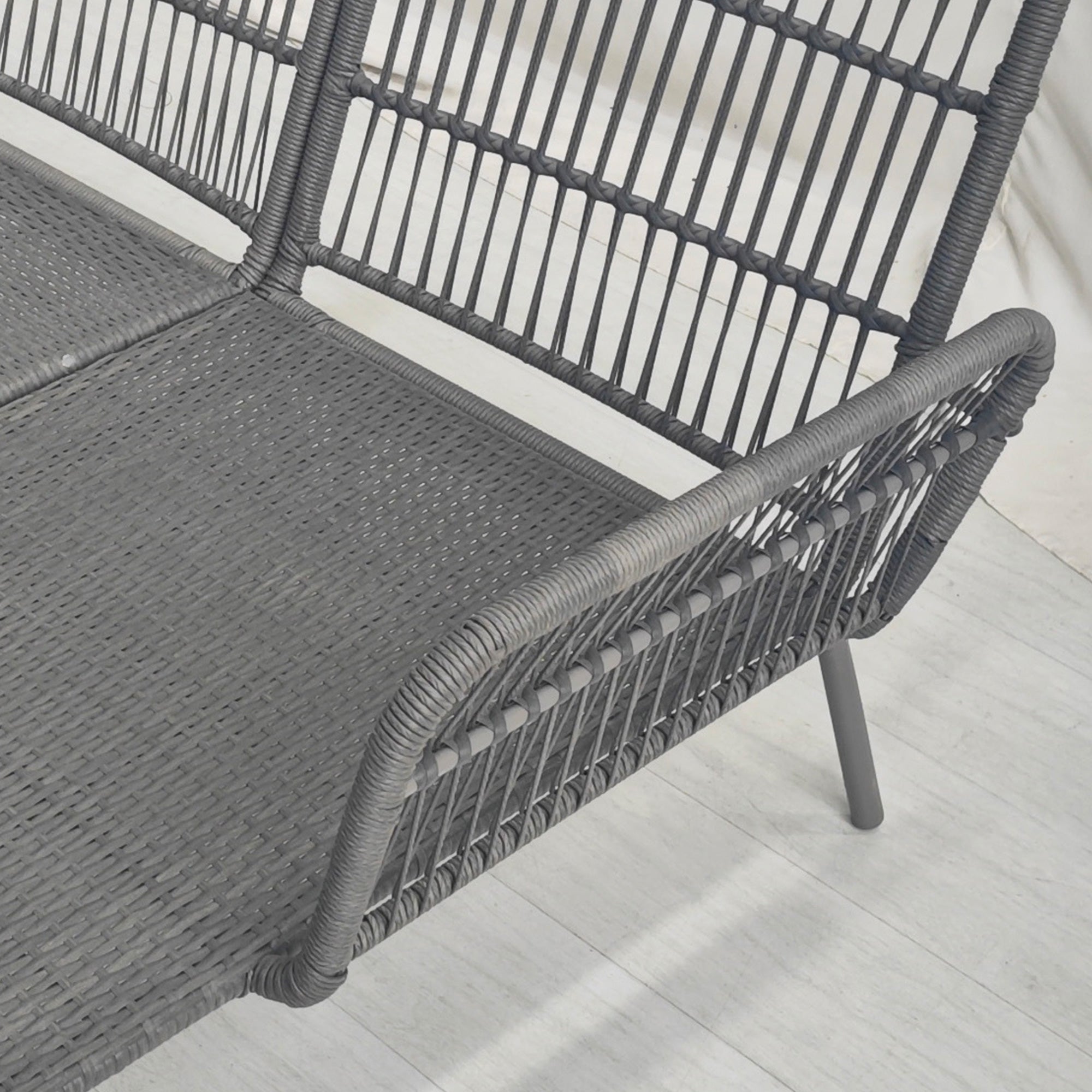 Boho Style PE Rattan Garden Set, 2 Seater Sofa with Chaise Longue and Coffee Table, Light Grey