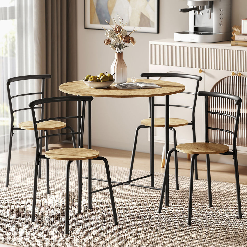 Round Dining Table Set with 4 Space-Saving Chairs in Wood and Metal, Industrial Style