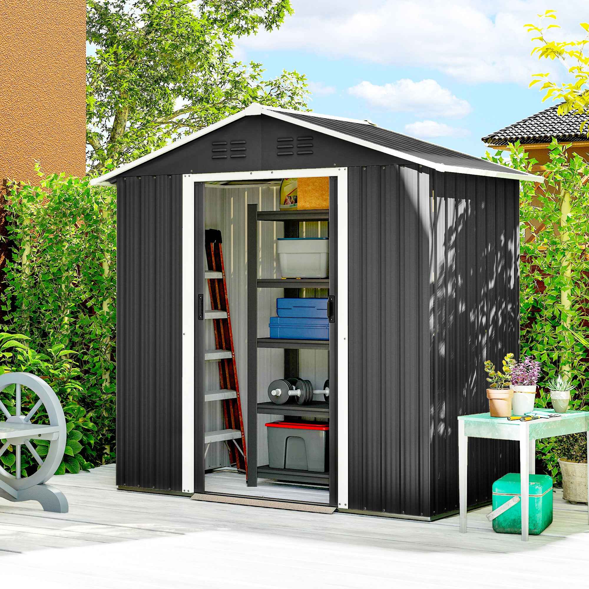 Outsunny Garden Shed Steel Tool Storage Shed 194x107x191 cm, Grey