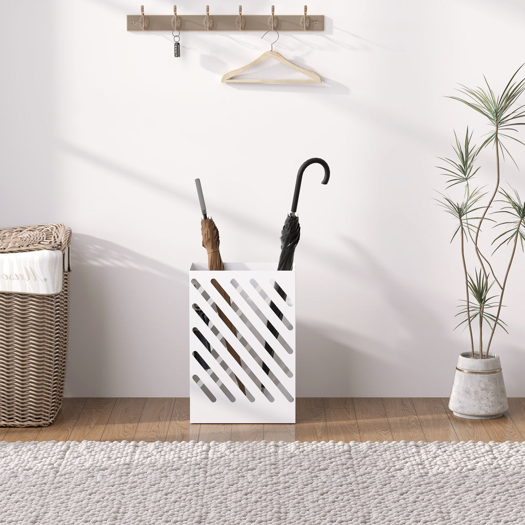 Design Umbrella Stand with Drip Tray and 4 Metal Hooks, 28x14x41 cm, White