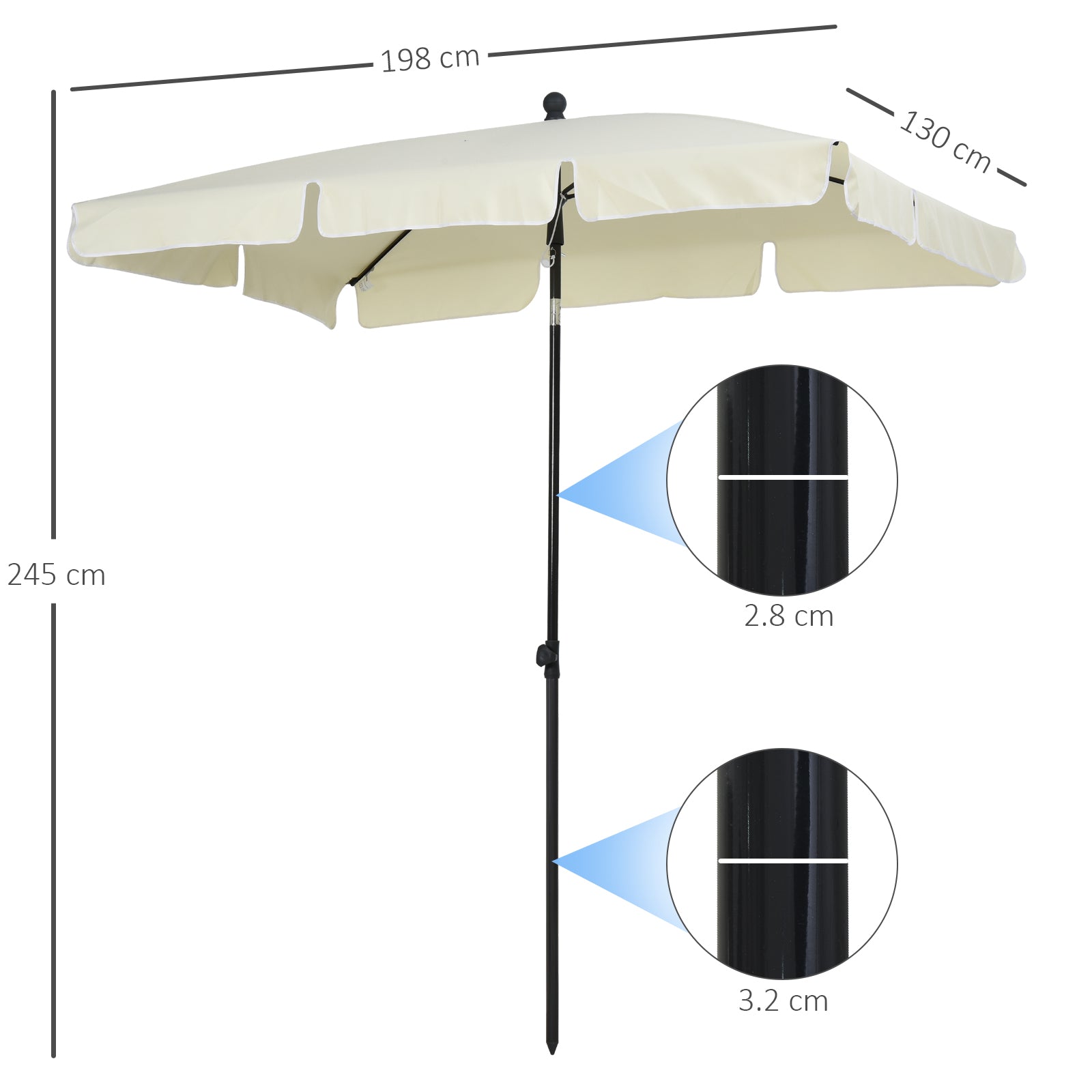 2x1.3m Rectangular Garden Umbrella with Adjustable Tilt and Aluminum Pole, Beige and Black