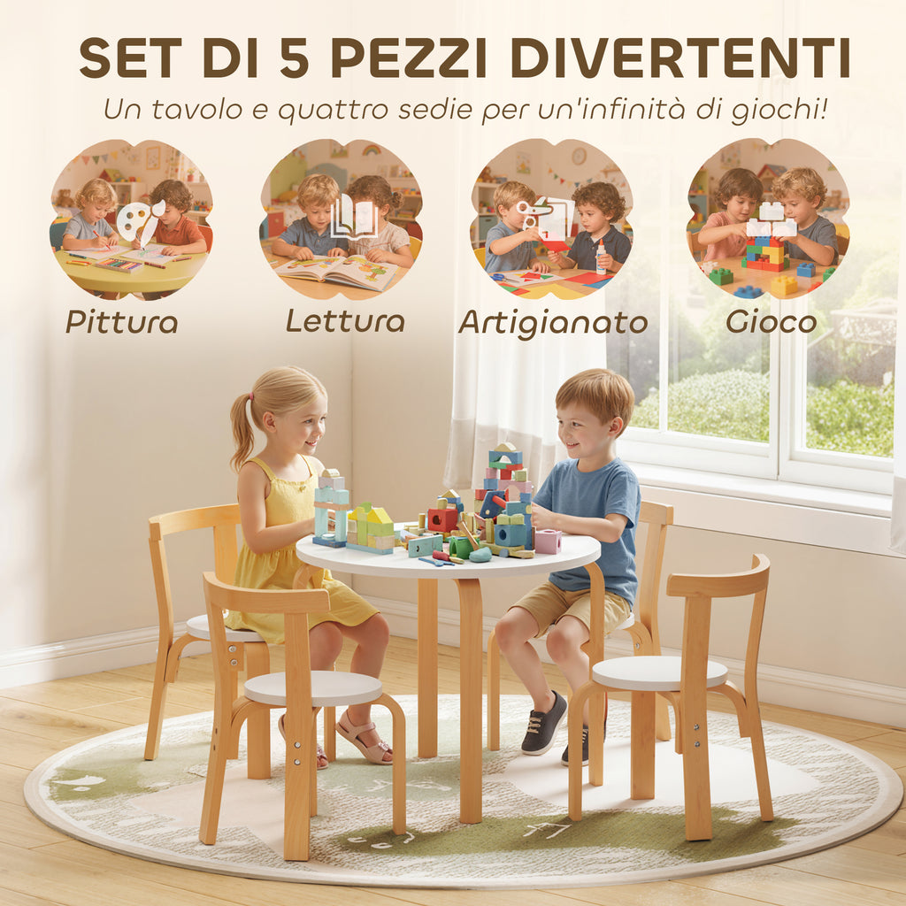 5-Piece Wooden Table and Chair Set for Children Ages 3-8 with Rounded Edges in White