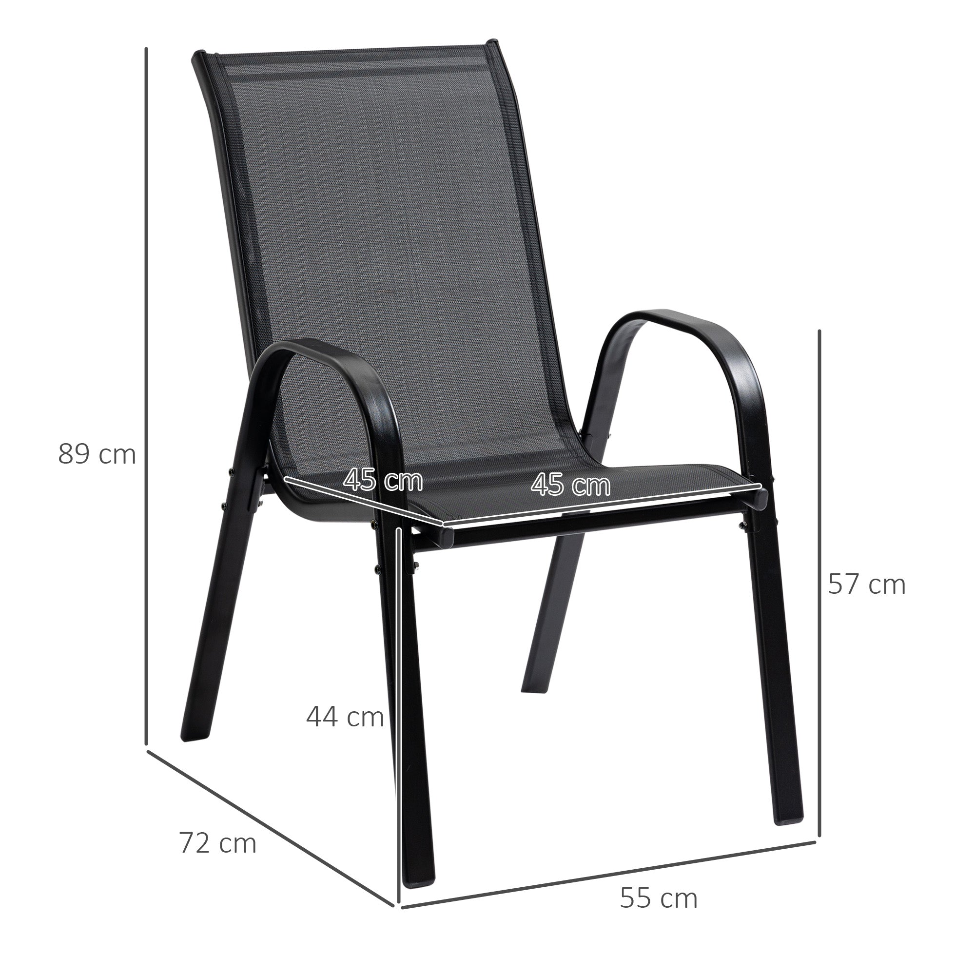 Garden Chairs Set of 4 Pieces with Armrests, in Metal and Breathable Fabric, 70x54x90cm, Black