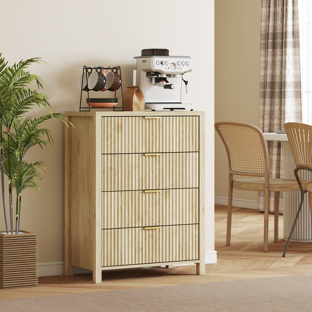 Chest of Drawers with 4 Grooved Drawers and Golden Handles, 70x38x93 cm, Natural Wood