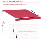 4x2.5m Hand Cranked Metal and Aluminum Outdoor Awning, Dark Red