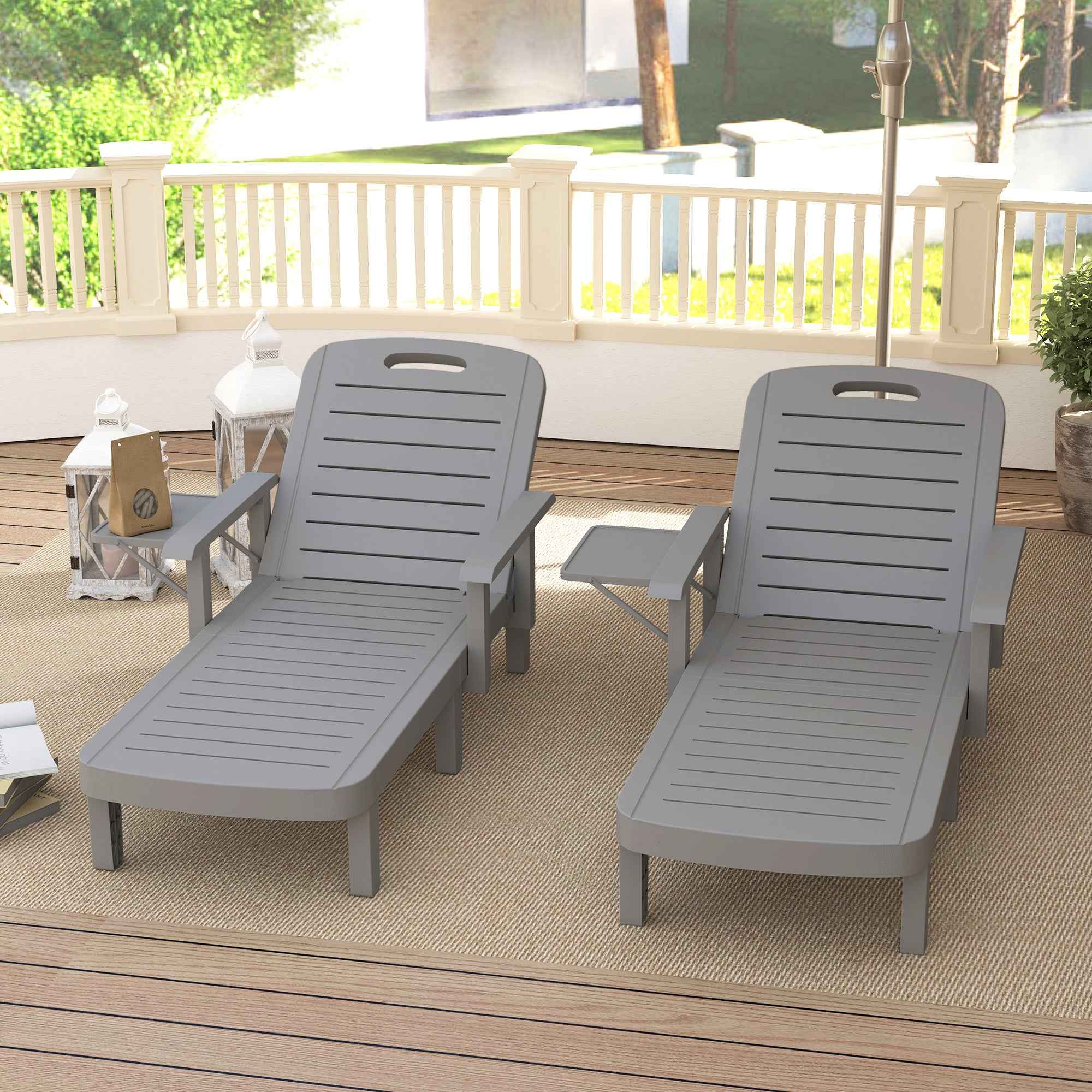 Outsunny Set of 2 Adjustable Garden Loungers with Table and Armrests, in Polypropylene, 79x158x88 cm, Dark Grey