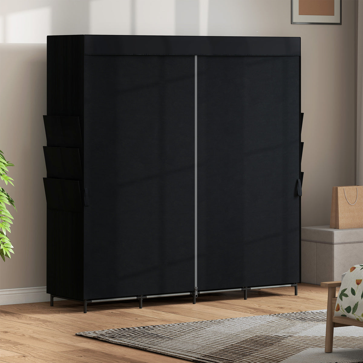 HOMCOM Space-Saving Fabric Wardrobe with 5 Rods, 4 Shelves, 6 Side Pockets, 170x45x167 cm, Black