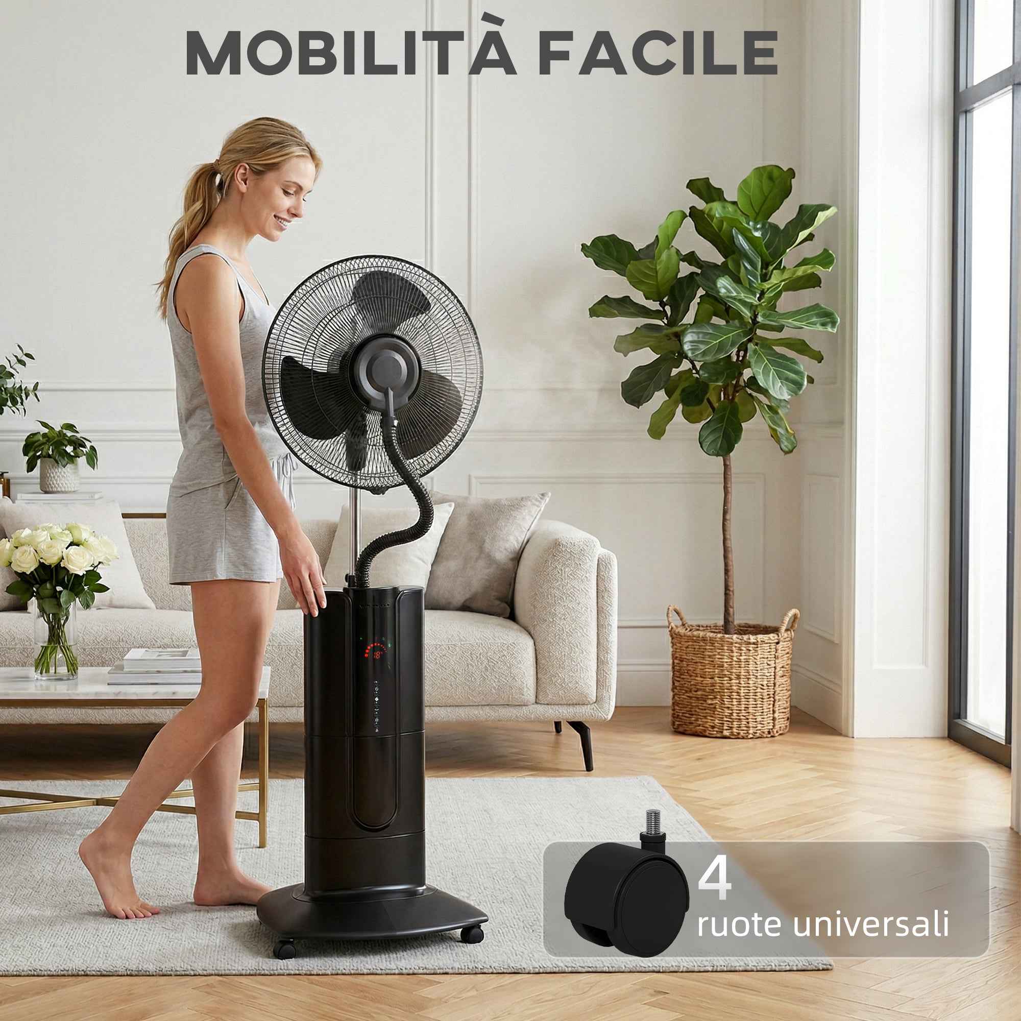 3-in-1 Oscillating Pedestal Fan with Water Mist, Remote Control, and 9-Hour Timer, 45 x 38 x 130 cm, Black