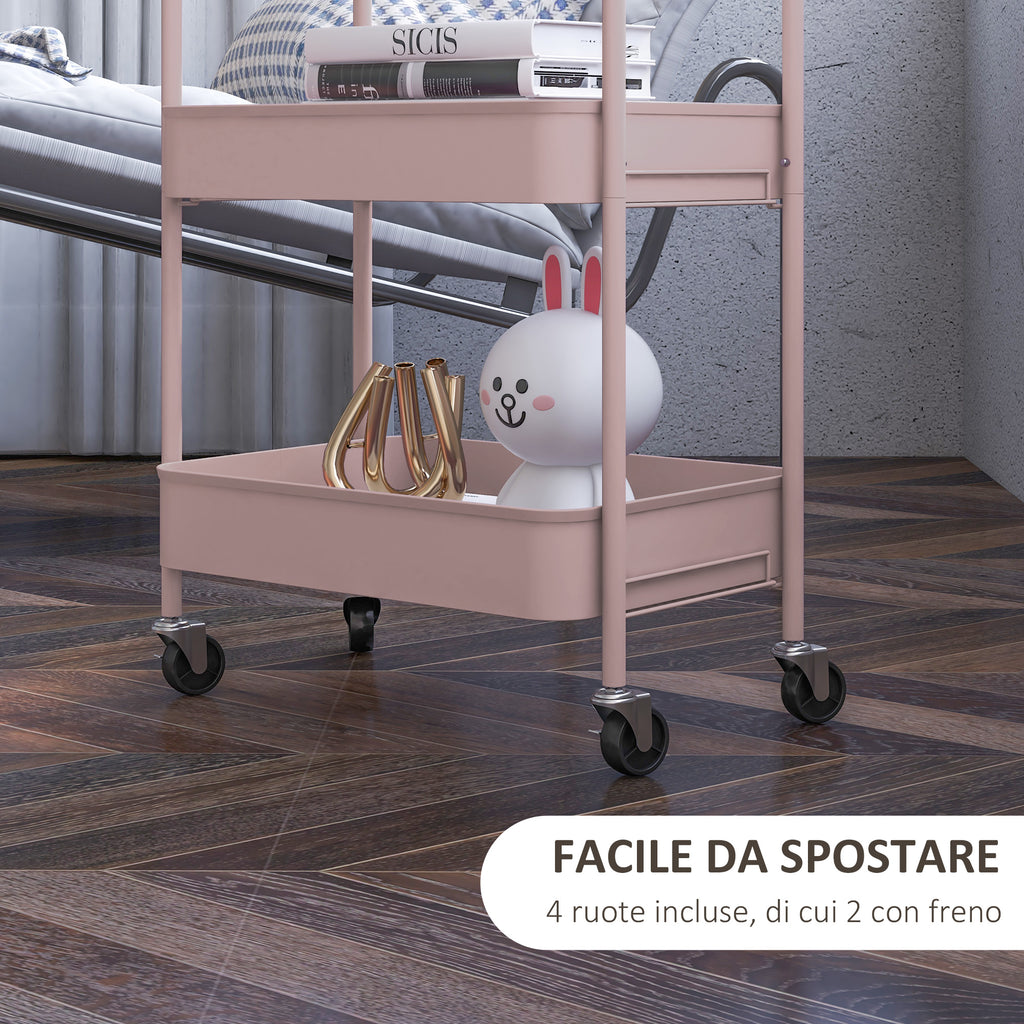 3-Tier Beauty Cart with Handles and 4 Wheels, Steel, 45x30.6x79 cm, Pink
