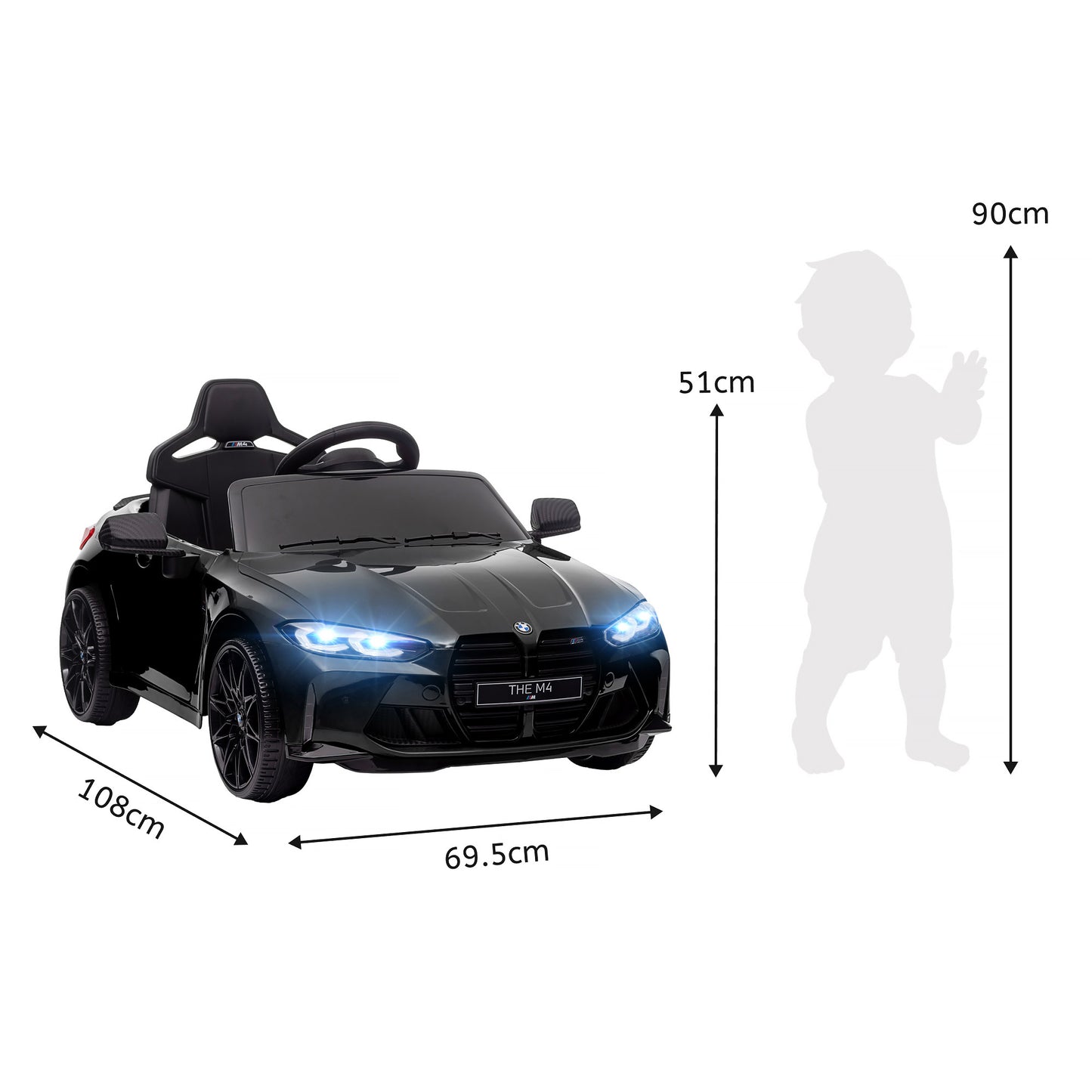 BMW M4 Licensed Electric Ride-On Toy Car for Children with Remote Control, Horn and Headlights, 108x69.5x51 cm, Black