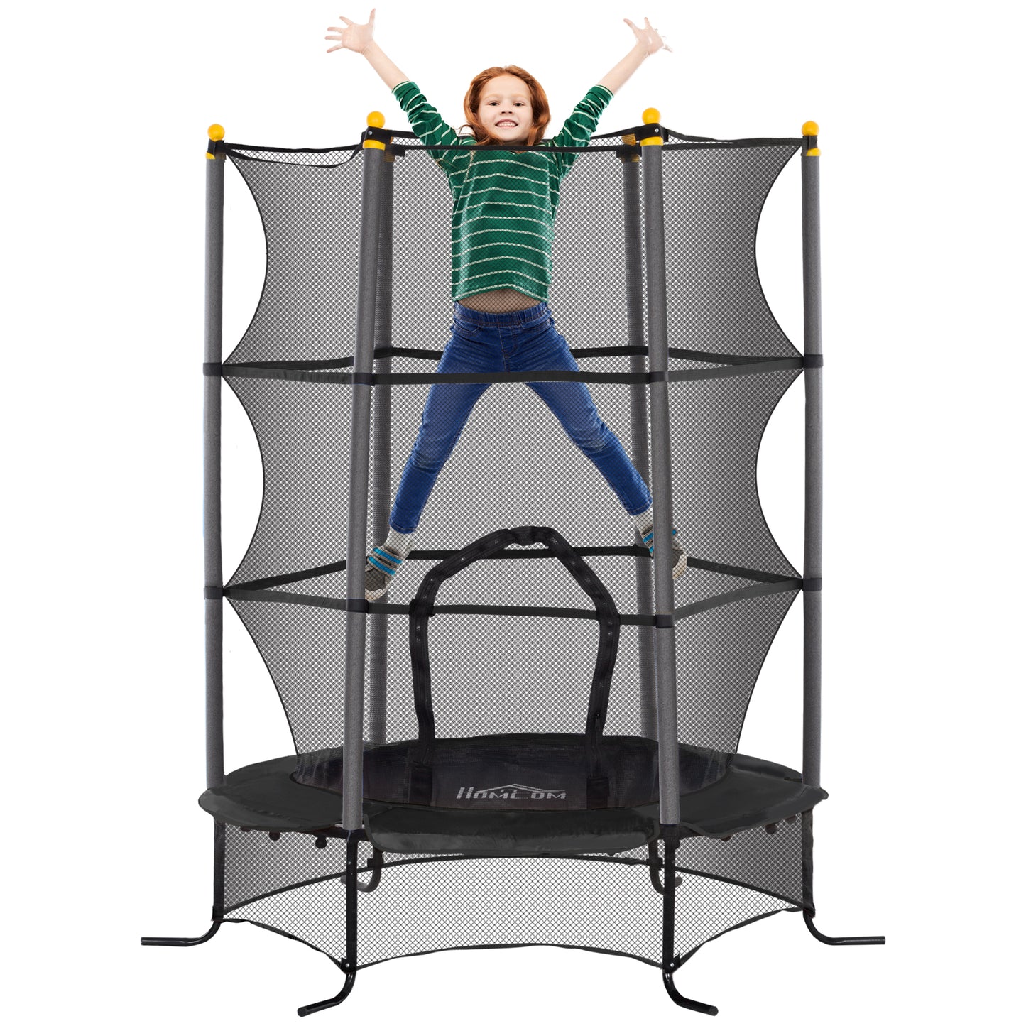 HOMCOM Elastic Trampoline for Children Ø1.6x1.9 m with Safety Net and Padded Poles, Age 3-10 Years, Black