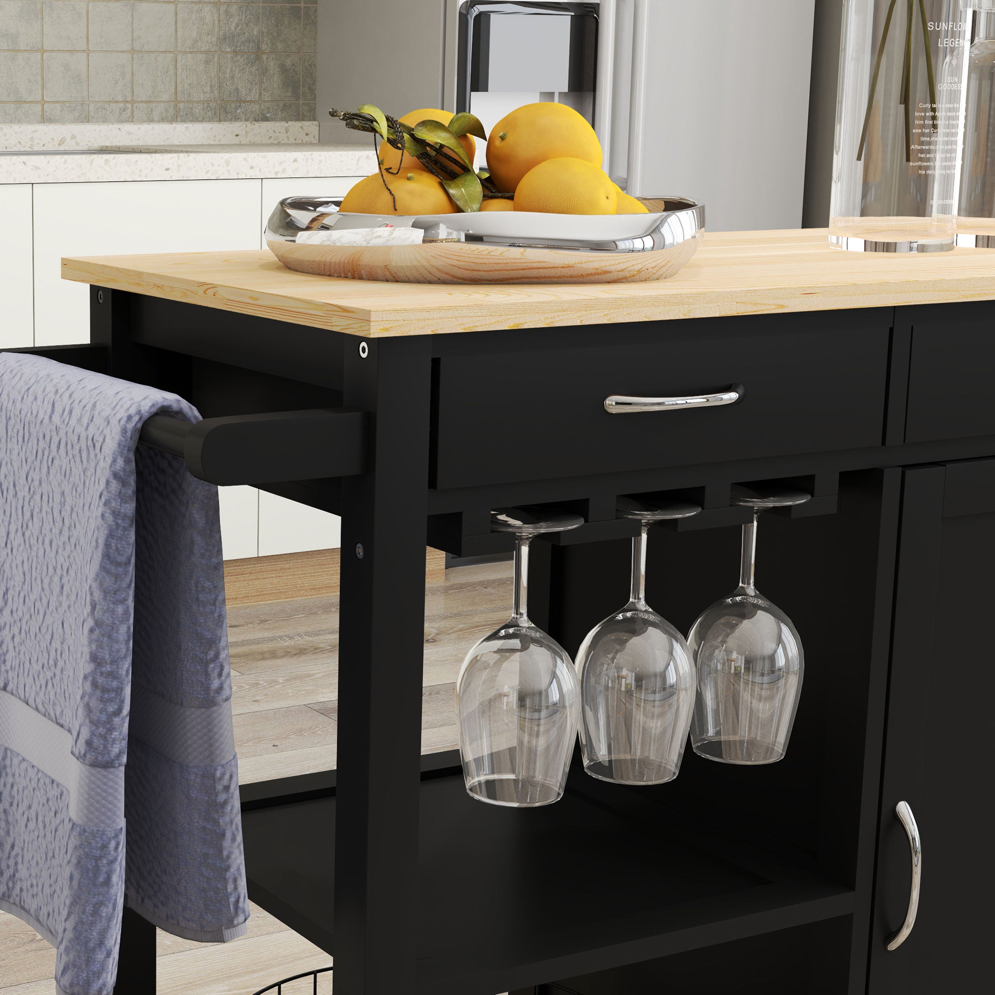Classic Kitchen Trolley with Drawers, Wheels and 2-Door Space-Saving Cabinet 89x40x84cm, Black