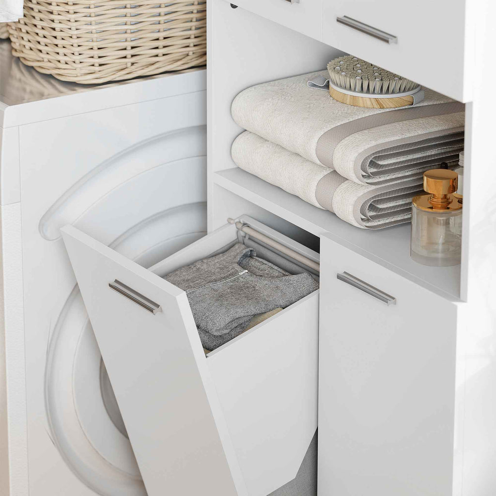 HOMCOM 2-Door Bathroom Cabinet with Drop-Leaf Laundry Basket and Open Shelf, 60x30x174 cm, Wood, White