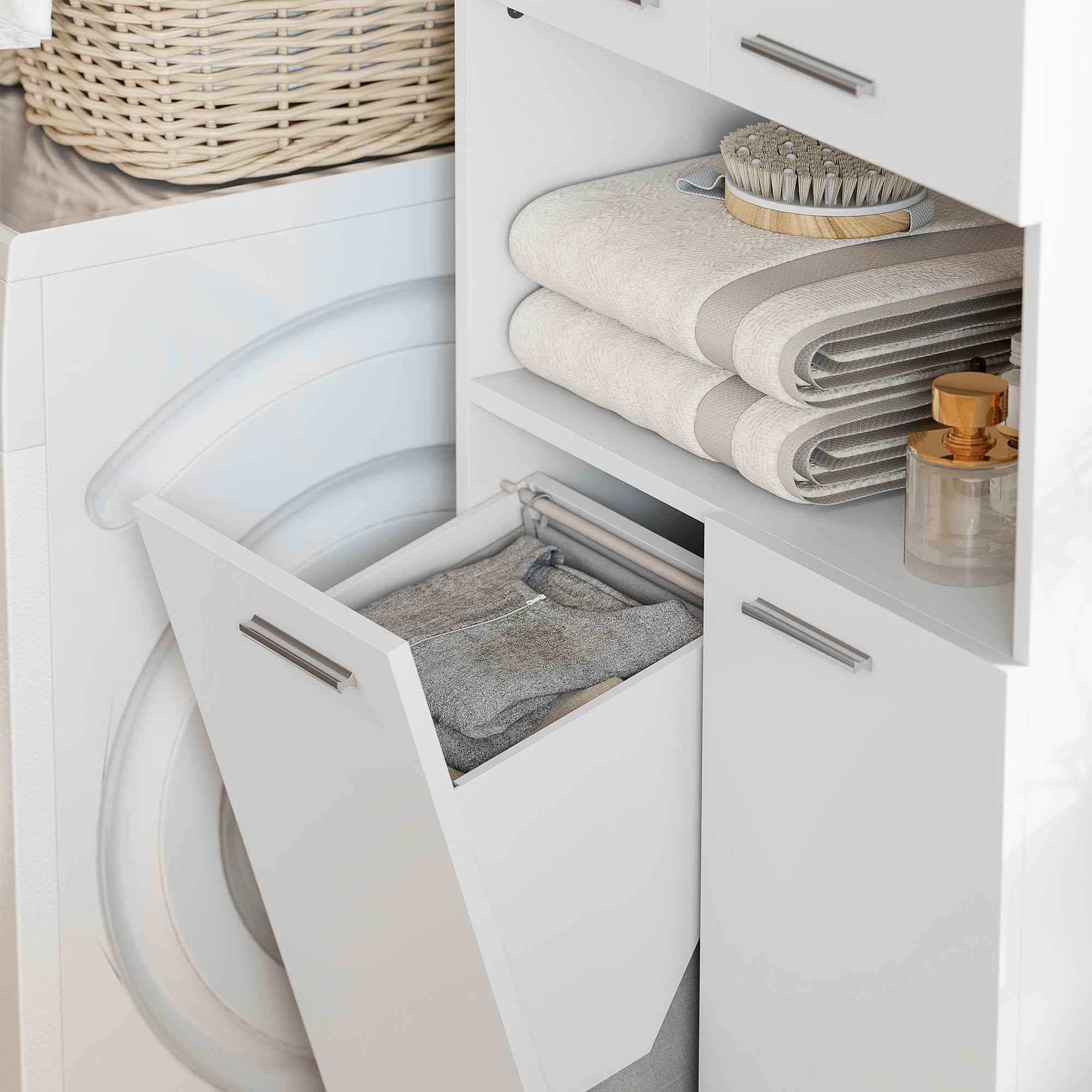 HOMCOM 2-Door Bathroom Cabinet with Drop-Leaf Laundry Basket and Open Shelf, 60x30x174 cm, Wood, White