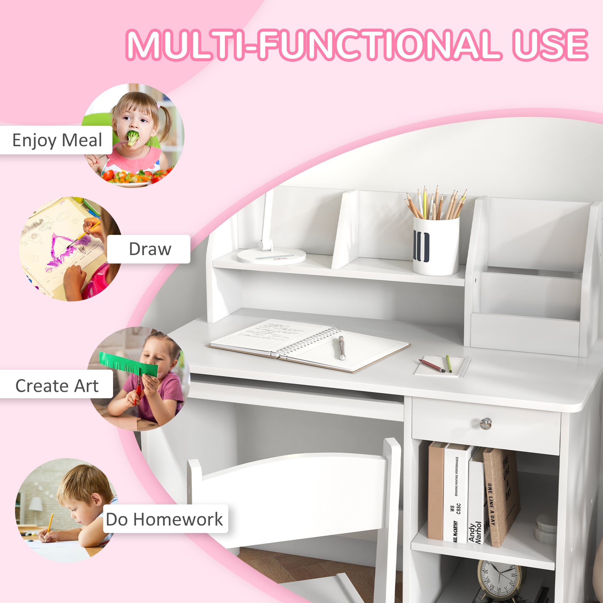 Zonekiz school desk and 5-8 year old children's chair with shelf and removable shelf in white wood - Borgè