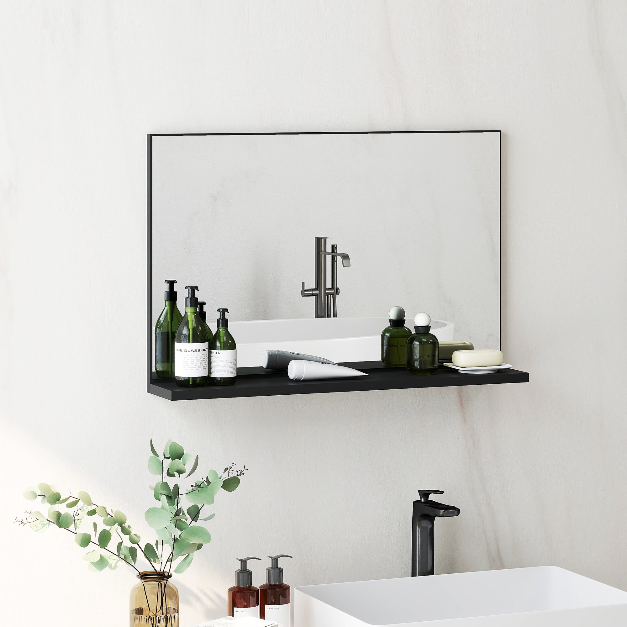 Wall-Mounted Bathroom Mirror with Shelf, Modern and Multipurpose Design, 60x12x40 cm, Black