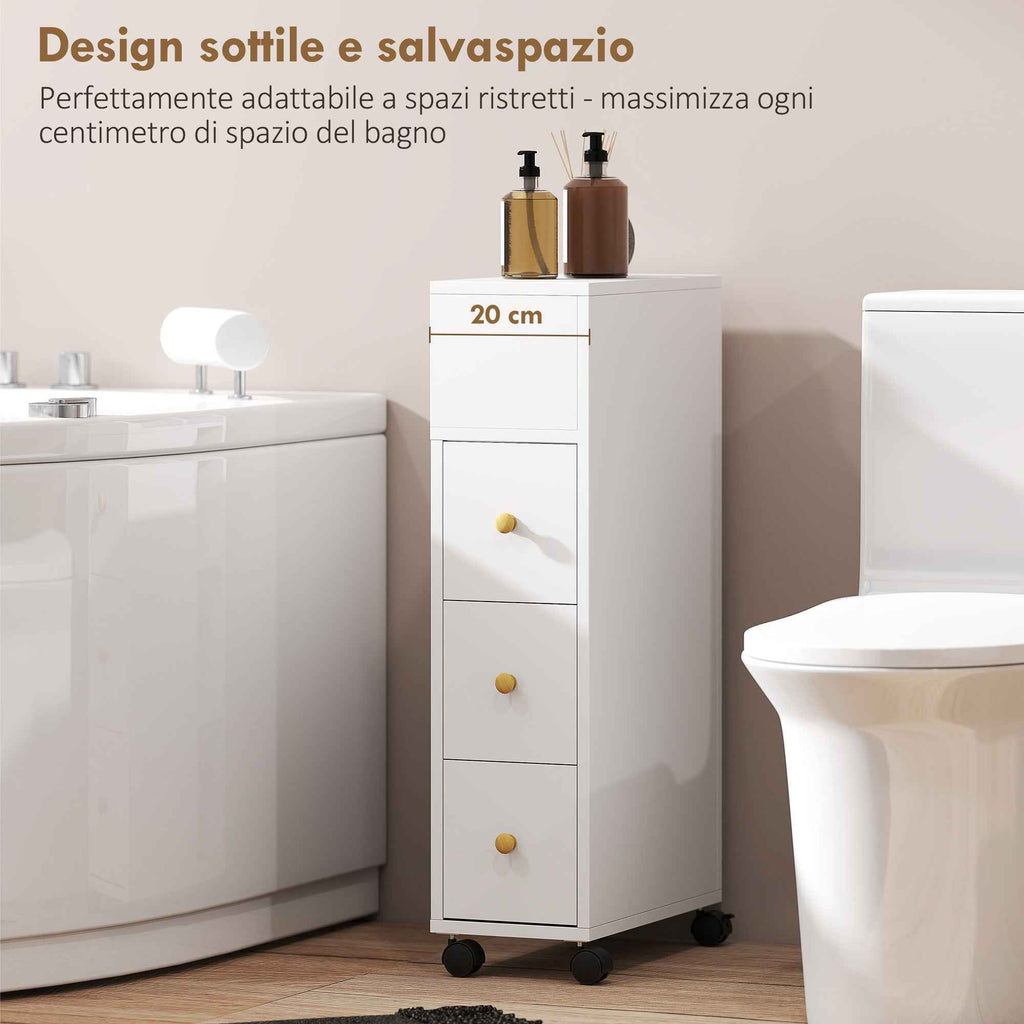 HOMCOM Space-Saving Bathroom Cabinet with Wheels, 3 Drawers and 5 Compartments with Adjustable Shelves, 20x40x80 cm, White