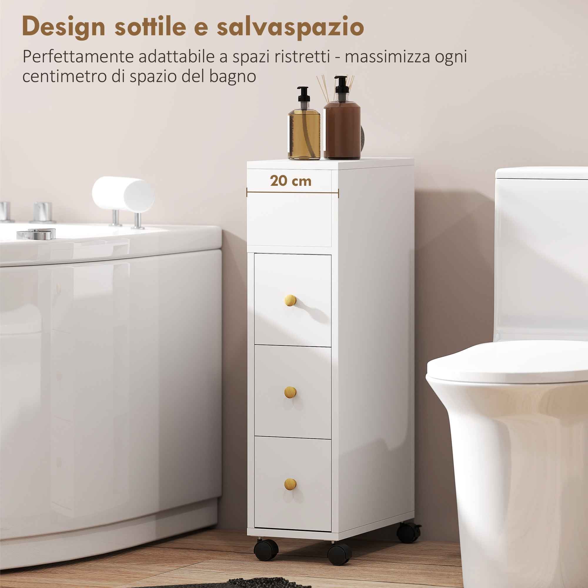 HOMCOM Space-Saving Bathroom Cabinet with Wheels, 3 Drawers and 5 Compartments with Adjustable Shelves, 20x40x80 cm, White