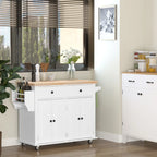 Kitchen Trolley with 2 Drawers and 2 Cabinets, Kitchen Island with Wooden Top, Spice Rack and Tea Towel Holder, White
