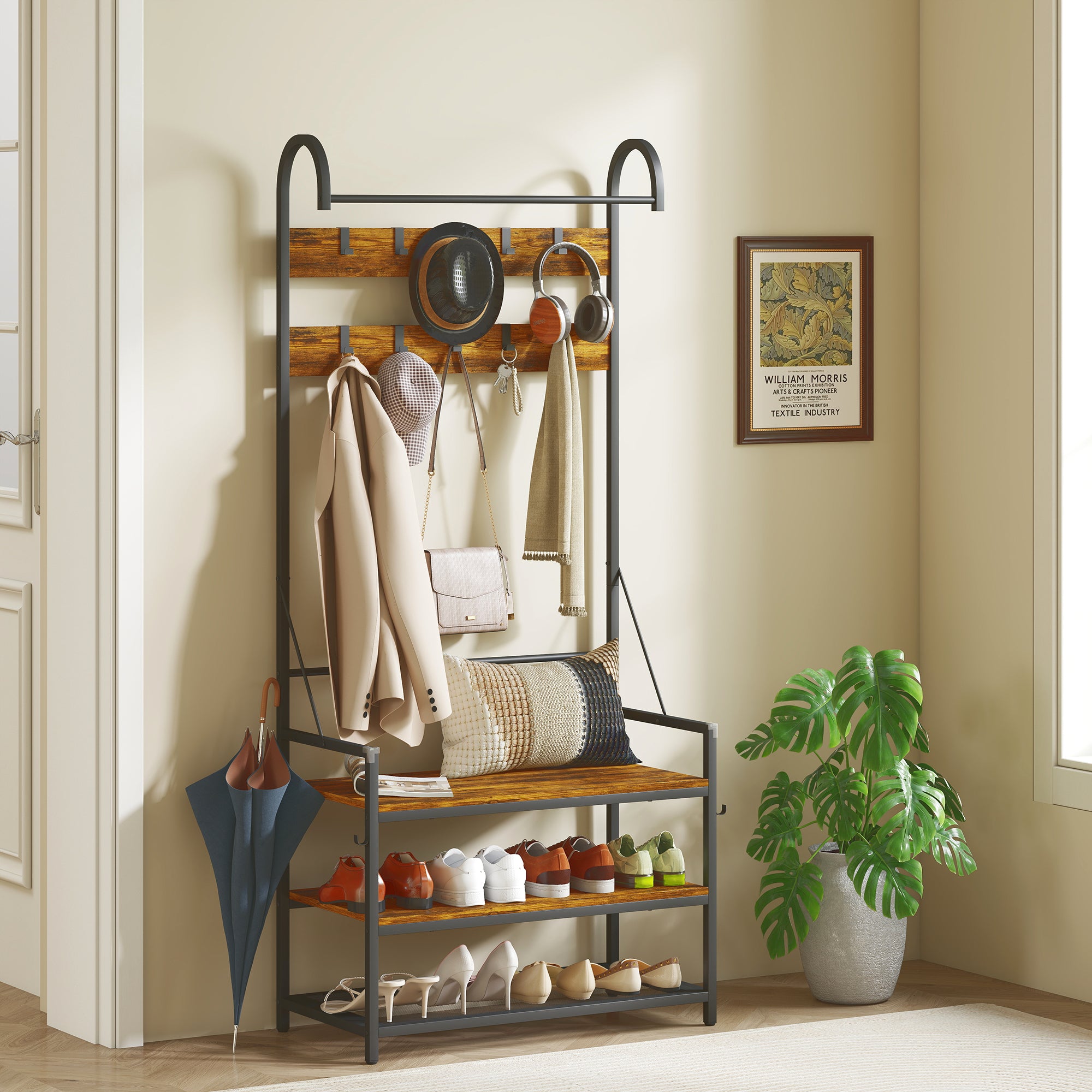 Hallway Coat Rack with 10 Hooks, Bench and Shoe Rack, Wood and Metal, 80x40x182 cm, Brown and Black
