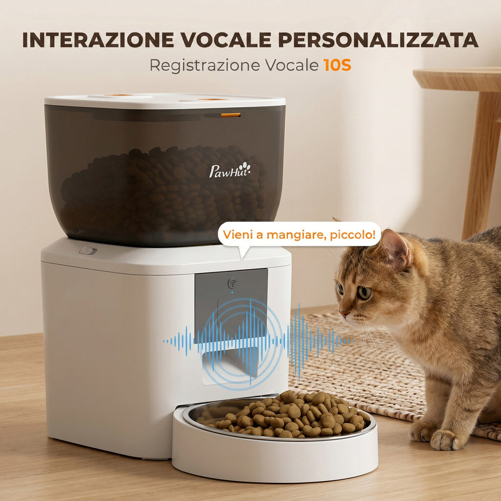 PawHut 4L Automatic Cat Food Dispenser, WiFi 2.4G, App Control with 10s Recording, Bowl, White