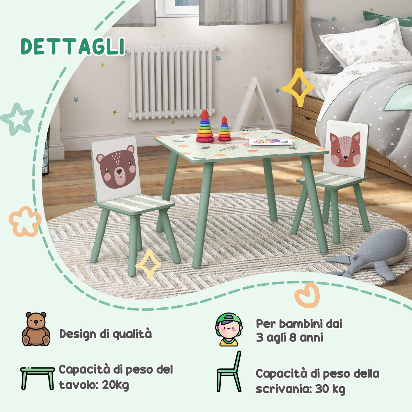 ZONEKIZ 3-piece table and chair set for children 3-8 years in MDF and pine wood, green - Borgè