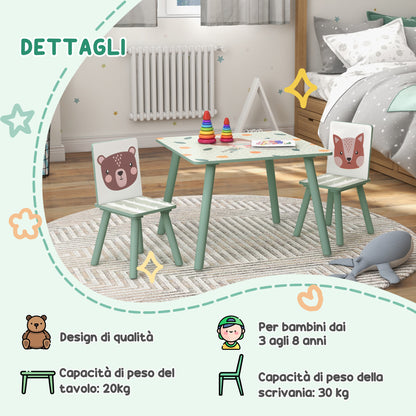 ZONEKIZ 3-piece table and chair set for children 3-8 years in MDF and pine wood, green - Borgè