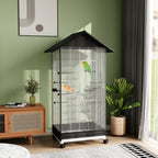 Bird Cage with Wheels and Removable Tray, 155 cm High Aviary with Perches and Feeders, Black