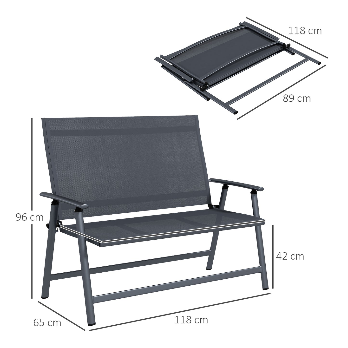 2-Seater Folding Chair with Breathable Seat, in Steel and Mesh Fabric, 118x65x96 cm, Gray - Borgè