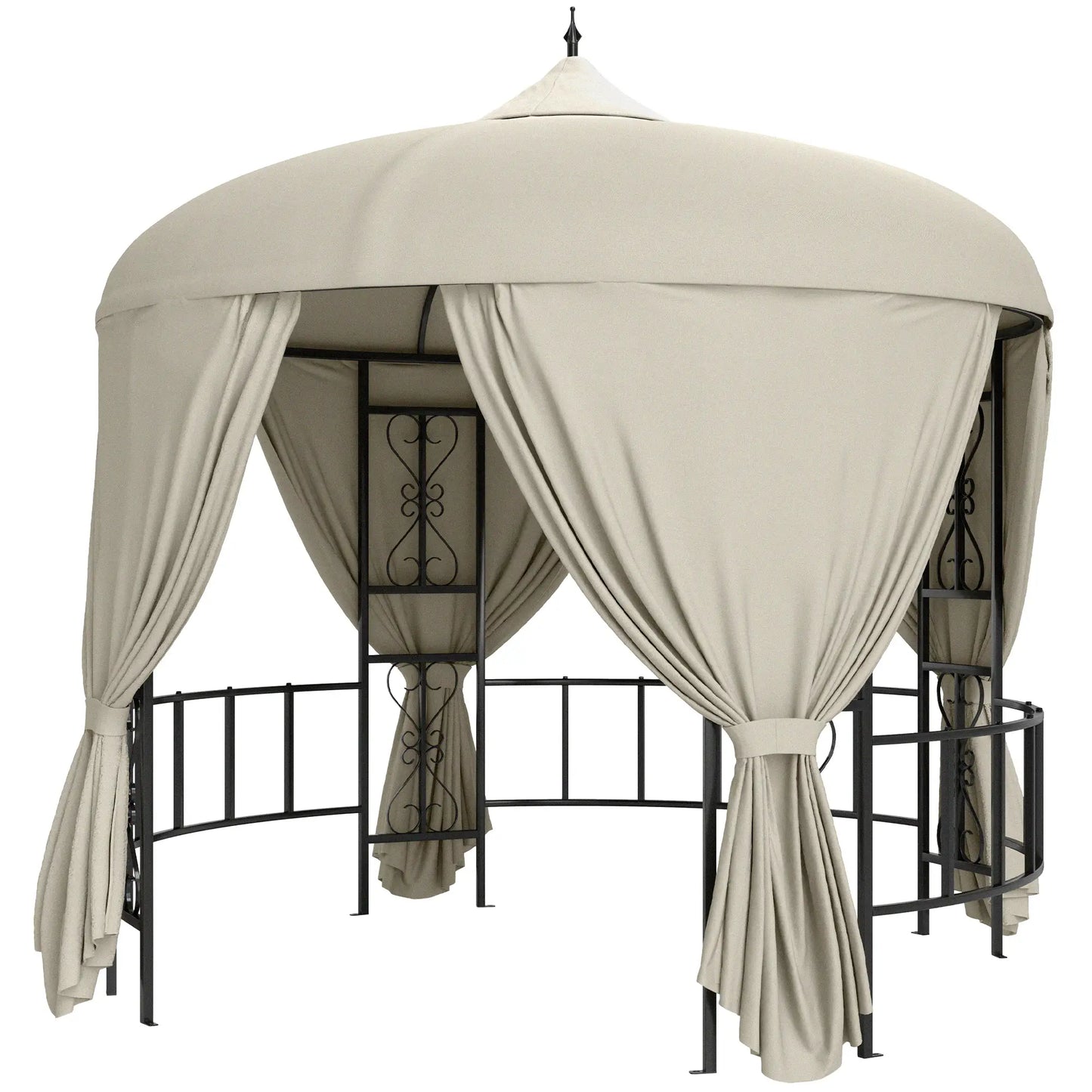 Round Garden Gazebo Ø3m with Curtains and Air Vents in Metal and Polyester, Beige