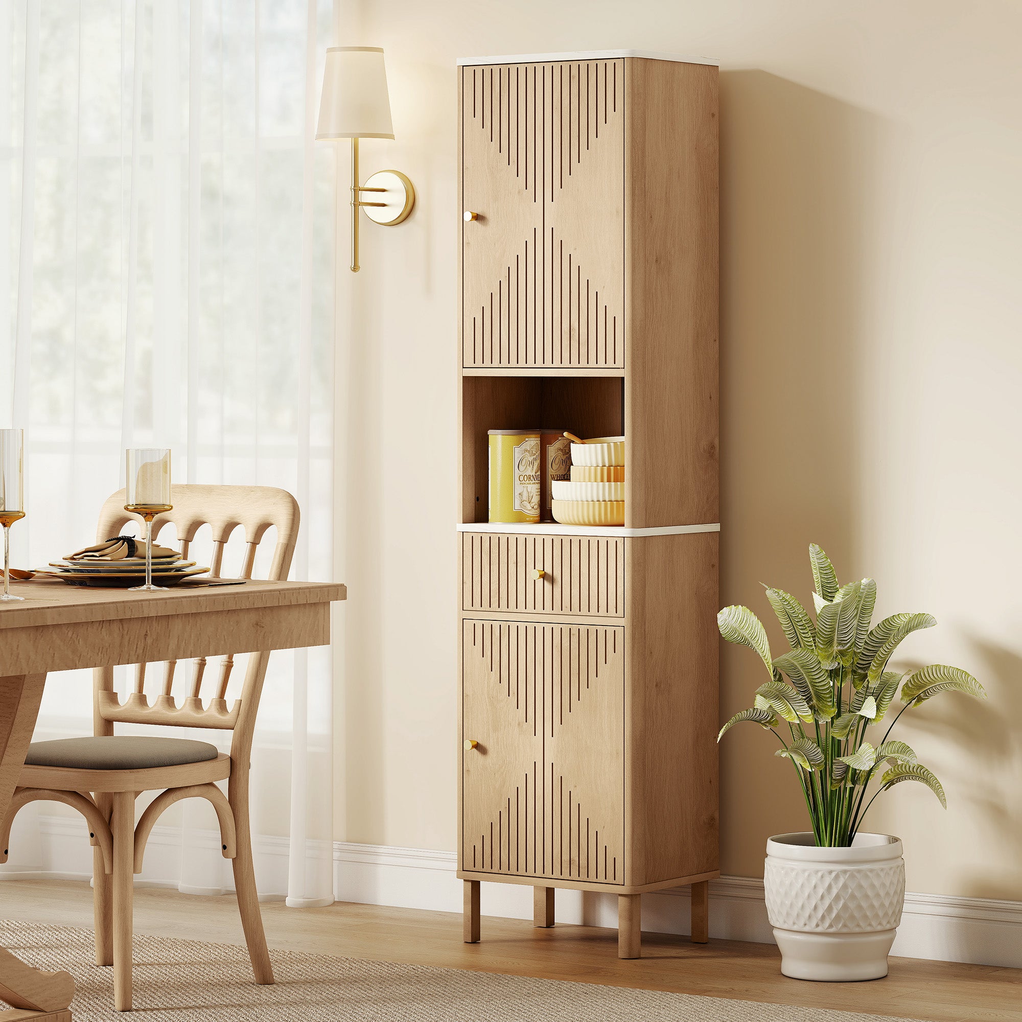 Bathroom Cabinet with Drawer, 2 Cabinets and Adjustable Shelves, Marble Effect Shelf, 41.5x30x168 cm, Oak