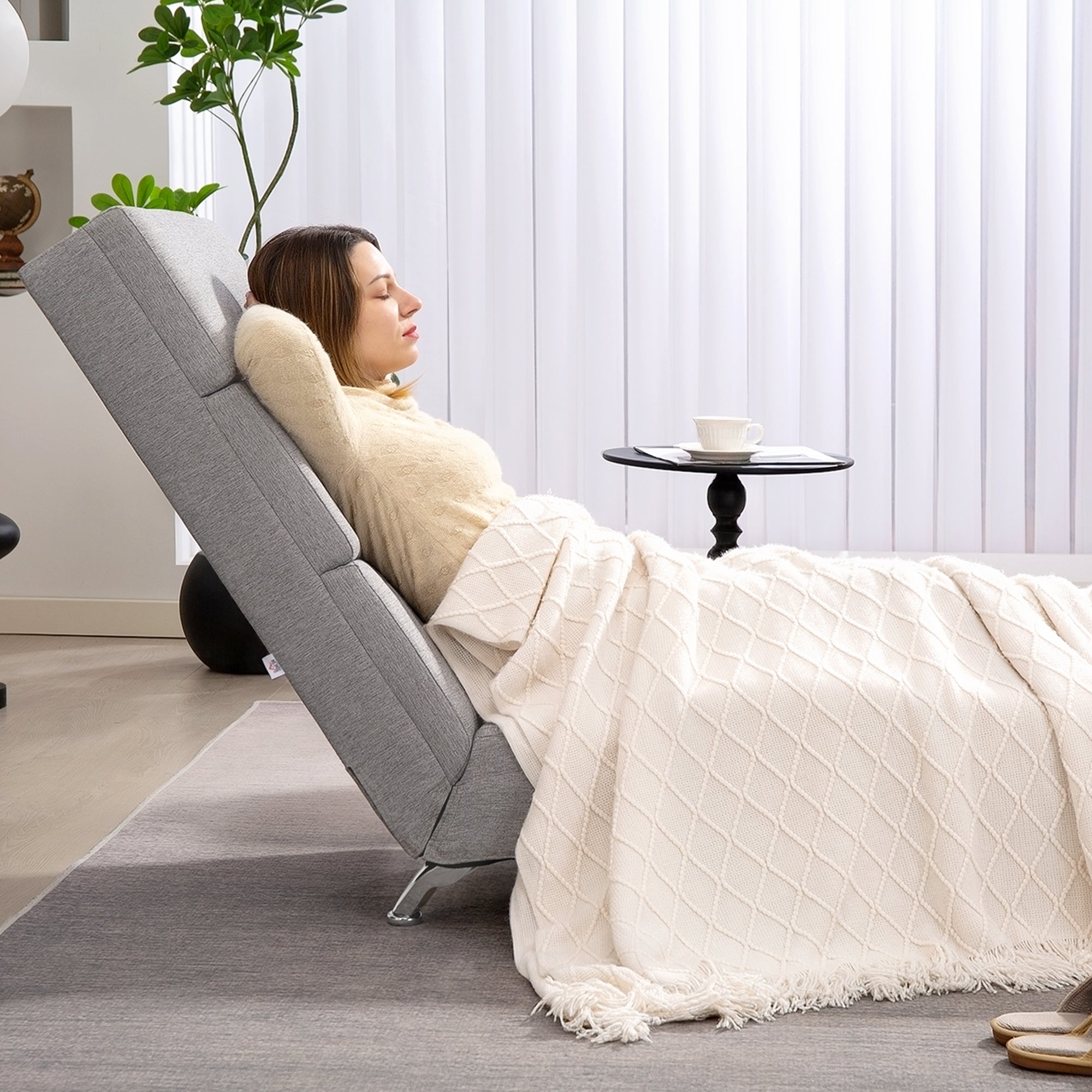 High Back Reclining Chaise Longue with Thick Padding and Metal Legs, Light Grey