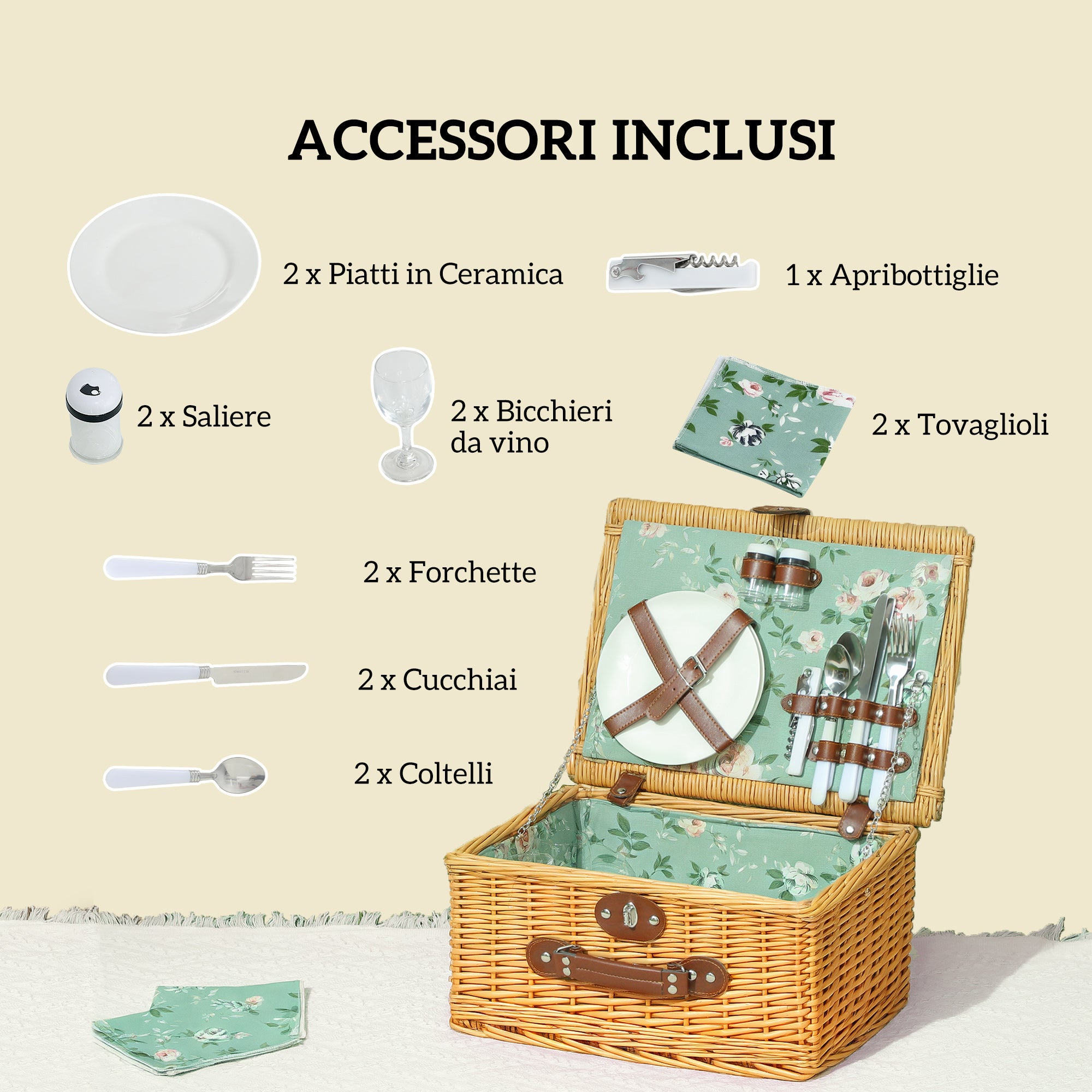 Wicker Picnic Basket for 2 People with Plates, Goblets, Corkscrew and Cutlery, 40x30x20 cm, Brown