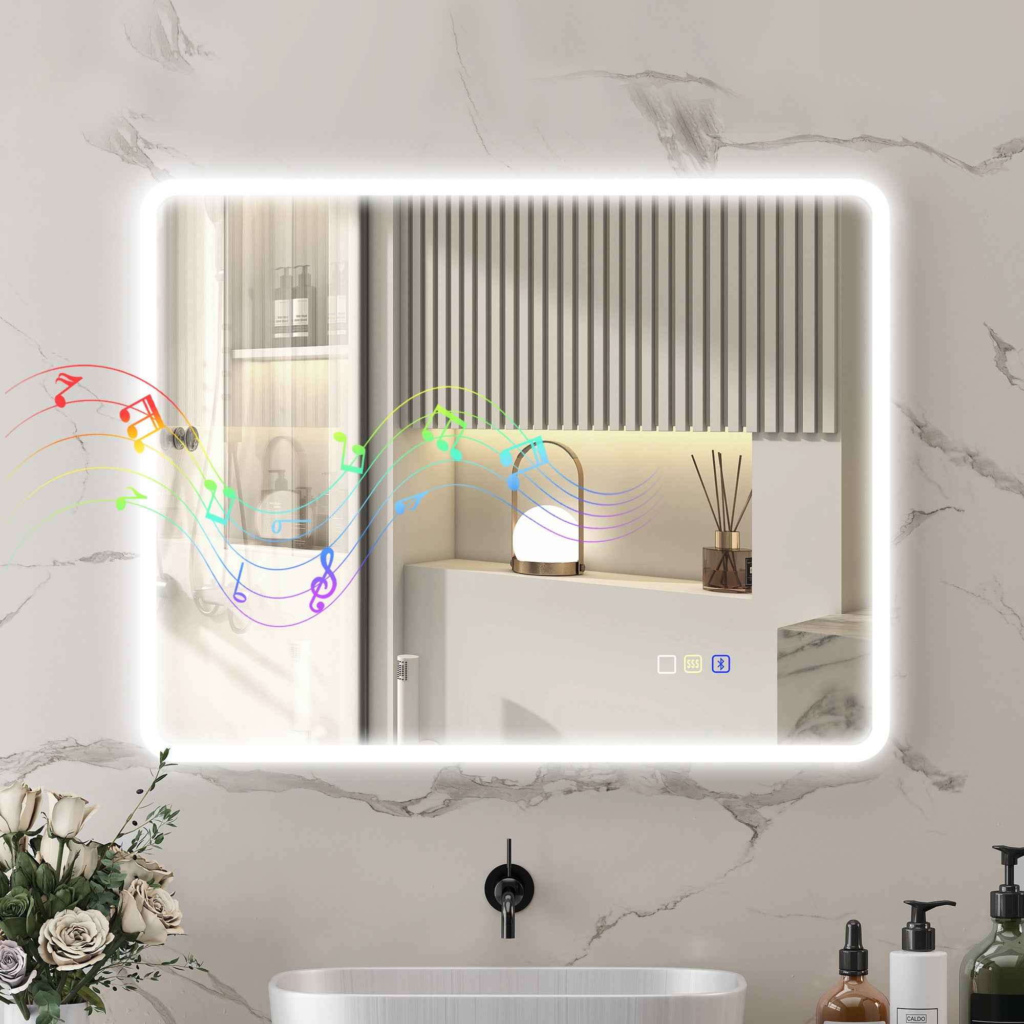 HOMCOM Bluetooth LED Bathroom Mirror, Touch Switch, Adjustable Light, 3 Colors, Anti-Fog, 70 x 90 cm, Silver