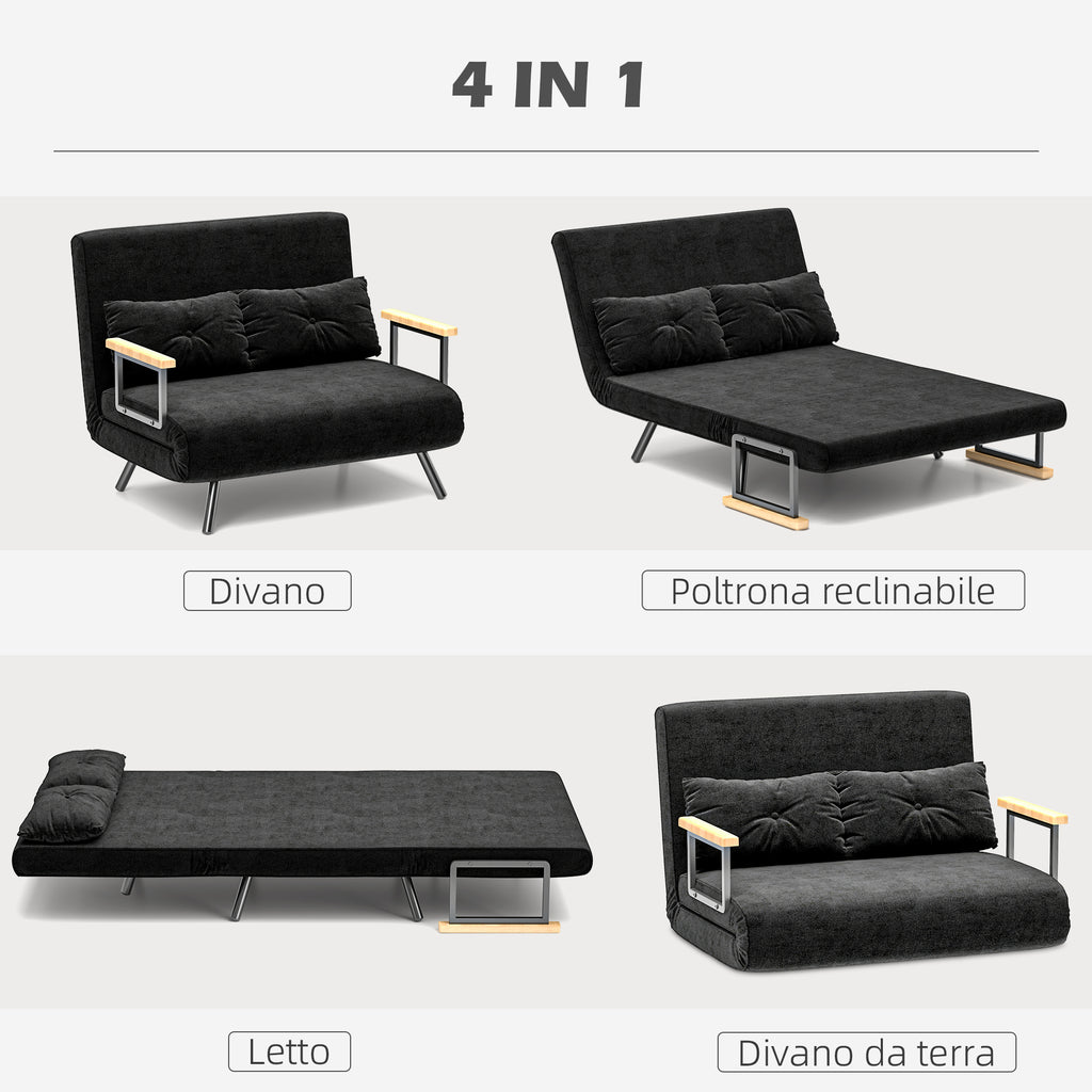 3 in 1 Velvet Fabric Sofa Bed with Adjustable Backrest and 2 Cushions, 102x73x81 cm, Black