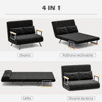 3 in 1 Velvet Fabric Sofa Bed with Adjustable Backrest and 2 Cushions, 102x73x81 cm, Black