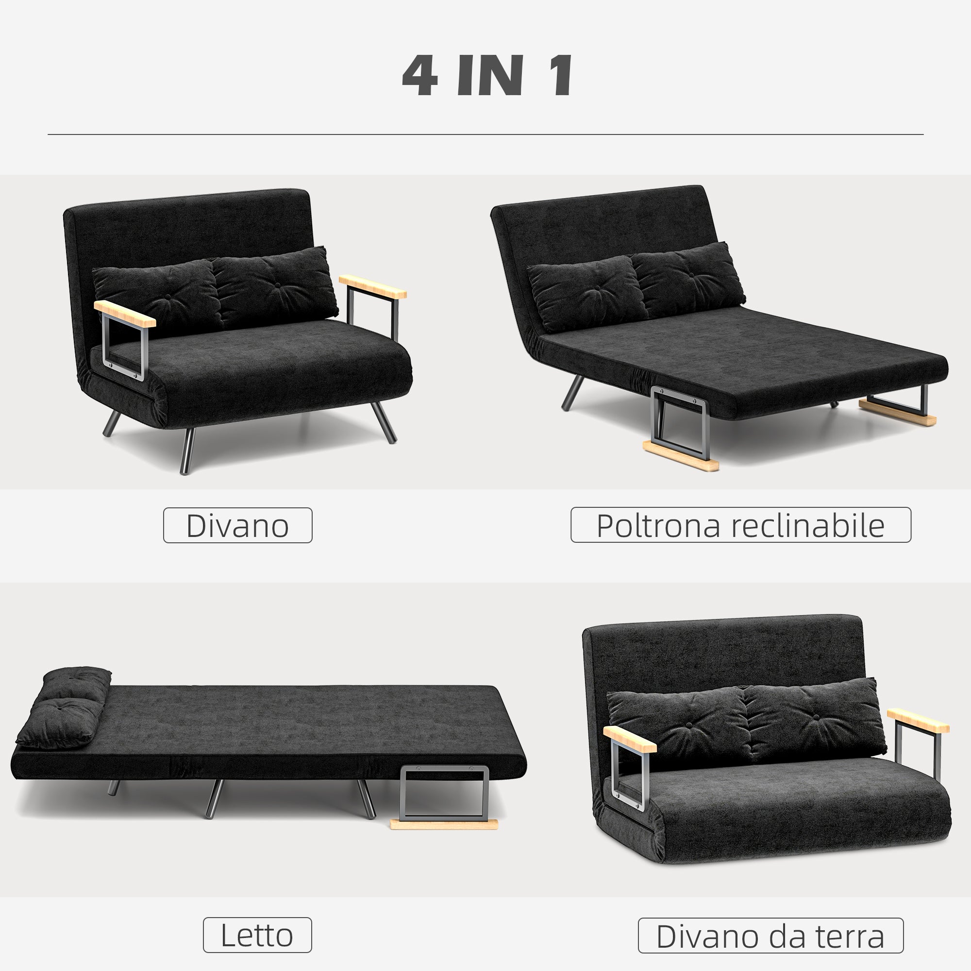 3 in 1 Velvet Fabric Sofa Bed with Adjustable Backrest and 2 Cushions, 102x73x81 cm, Black