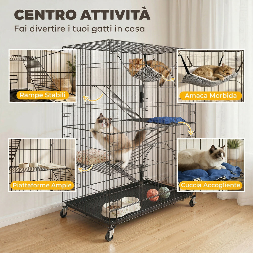 PawHut 4-Tier Cat House with Hammock, Bed, Ramps and Metal Platforms with Pull-Out Tray, Black