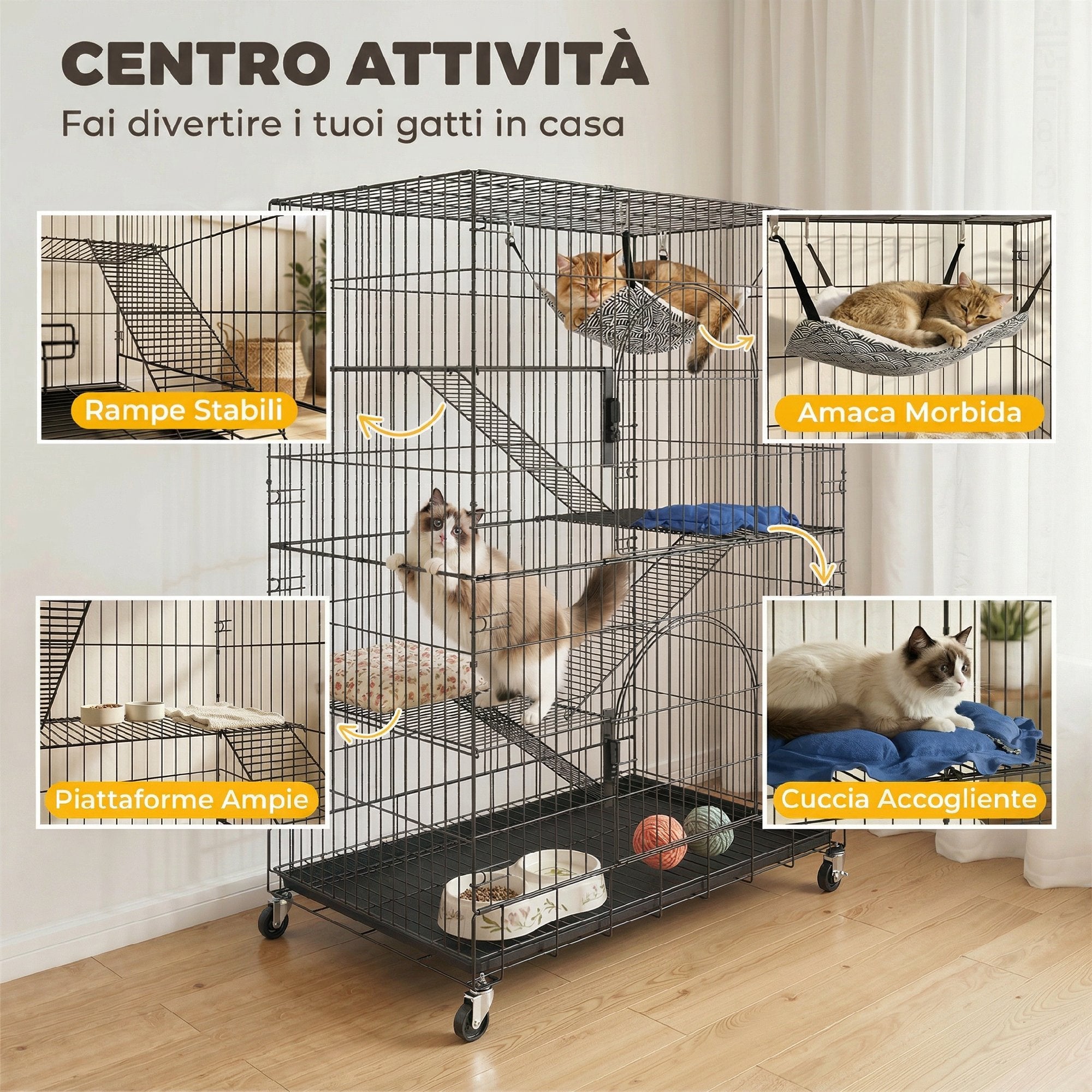 PawHut 4-Tier Cat House with Hammock, Bed, Ramps and Metal Platforms with Pull-Out Tray, Black