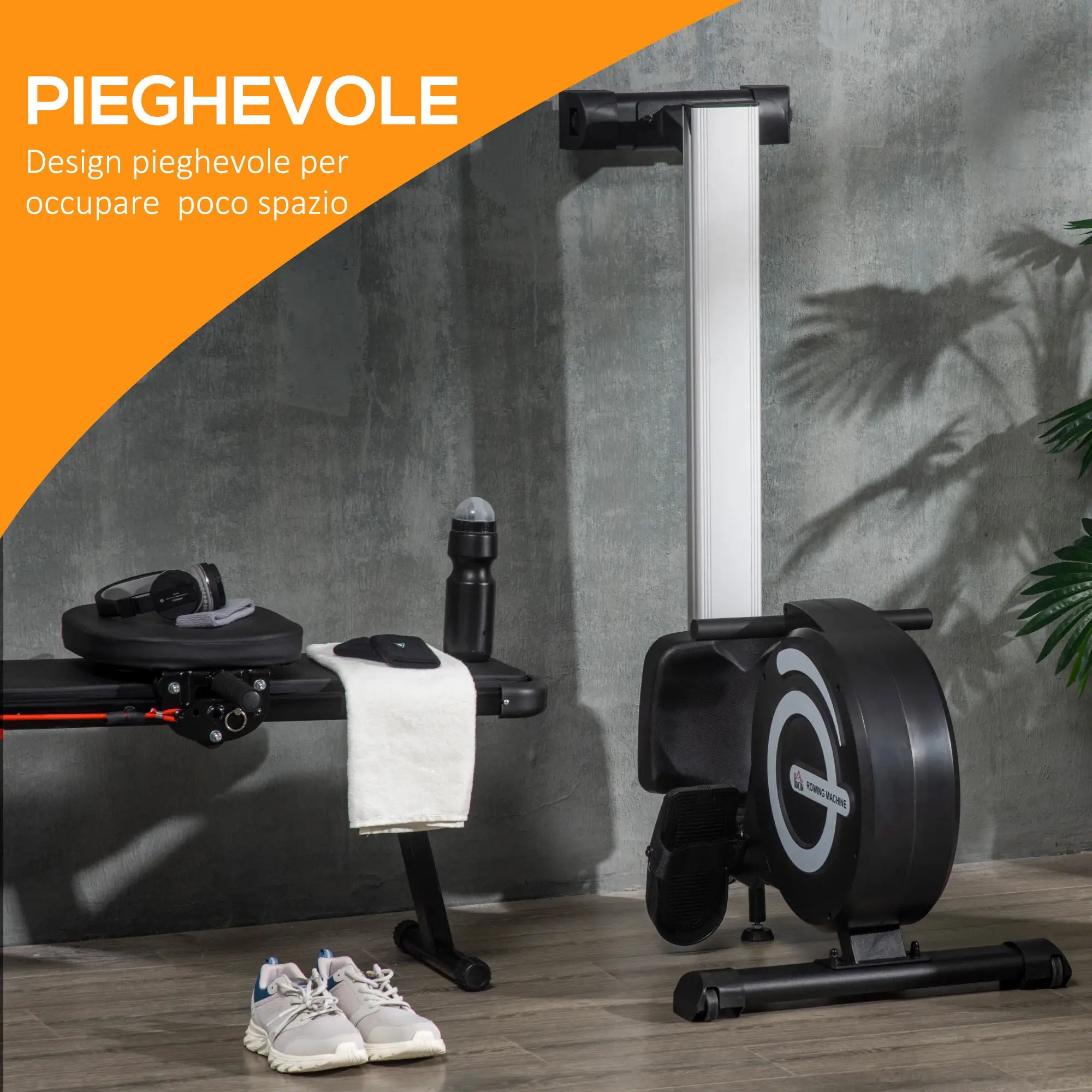 Folding Magnetic Rowing Machine for Home Training, 8-Level Adjustable Flywheel and LCD Monitor, 185x58x57cm, Black - Borge' Group Limited