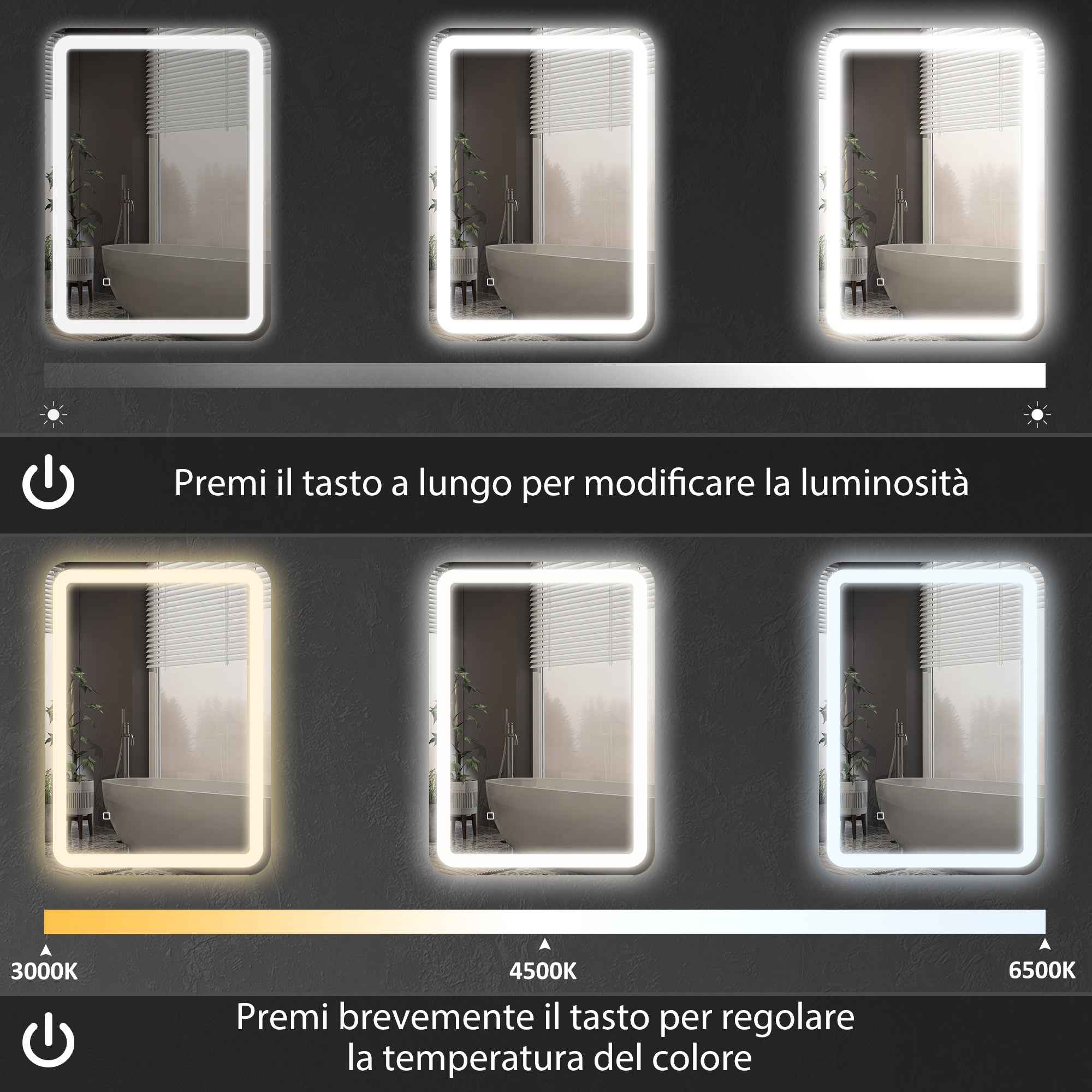 HOMCOM LED Touch Bathroom Mirror with Dimmable Light, 3 Temperatures and Anti-Fog, 70x90 cm